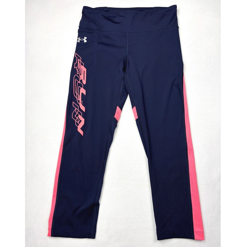 Under Armour HeatGear Compression Leggings Navy Pink Run Graphic Womens Small